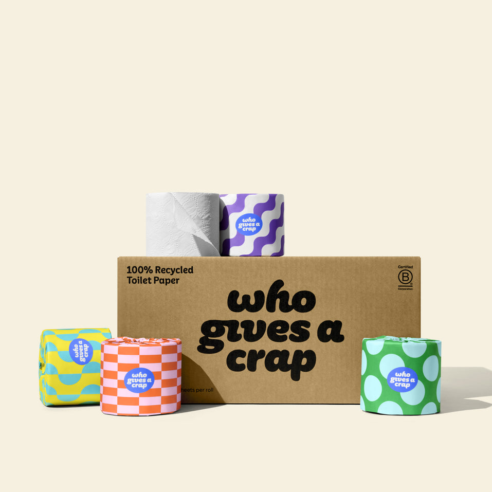 A medium box of Who Gives A Crap 100% Recycled Toilet Paper with colourful wrappers - eco-friendly, biodegradable and sustainable toilet paper