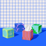 Four boxes of of Who Gives a Crap recycled tissues against blue and white bathroom wall