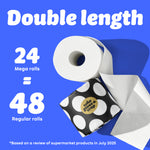 Graphic with blue background showing a toilet paper roll and black-and-white polka dot Who Gives A Crap packaging. Text reads: “24 double length rolls = 48 Regular Rolls.” Small text at the bottom says: “Based on a review of supermarket products in July 2025”