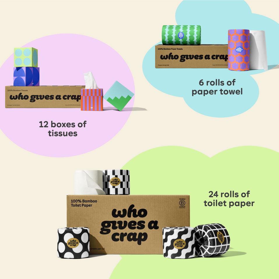 Visualisation of bundle inclusions calling out the bundle comes with 24 rolls of toilet paper, 6 rolls of paper towel and 12 boxes of tissues. 