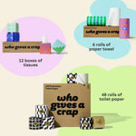 Visualisation of bundle inclusions calling out the bundle comes with 48 rolls of toilet paper, 6 rolls of paper towel and 12 boxes of tissues.