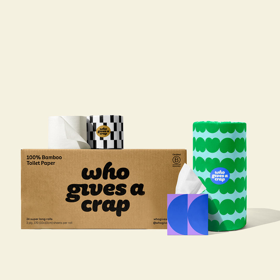 Bundle of Who Gives a Crap products with bamboo toilet paper, paper towel and tissues around a shipper box.