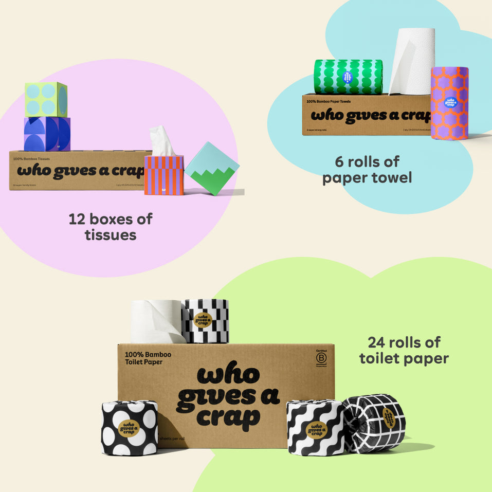 Visualisation of bundle inclusions calling out the bundle comes with 24 rolls of toilet paper, 6 rolls of paper towel and 12 boxes of tissues. 
