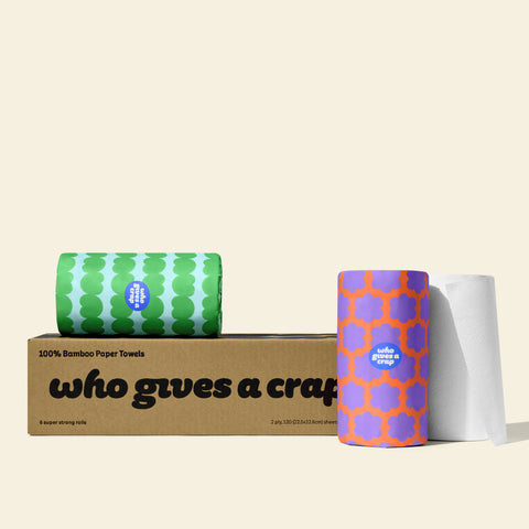 A box of Who Gives A Crap 100% Bamboo Paper Towels with colourful wrappers - eco-friendly, biodegradeable and sustainable