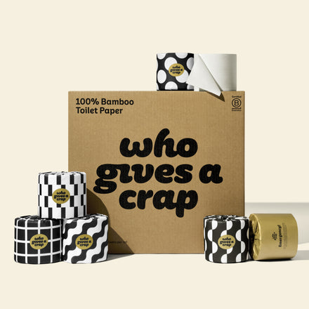 A large box of Who Gives A Crap 100% Bamboo Toilet Paper with black and white wrappers - eco-friendly, biodegradable and sustainable toilet paper 