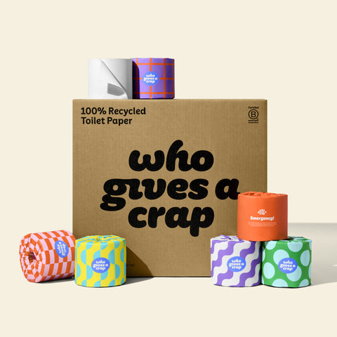 A large box of Who Gives A Crap Recycled Toilet Paper with colorful wrappers - eco-friendly, biodegradable and sustainable toilet paper 