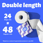 Graphic with blue background showing a toilet paper roll and purple wave Who Gives A Crap packaging. Text reads: “24 Double length rolls = 48 Regular Rolls.” Small text at the bottom says: “Based on a review of supermarket products in July 2025”