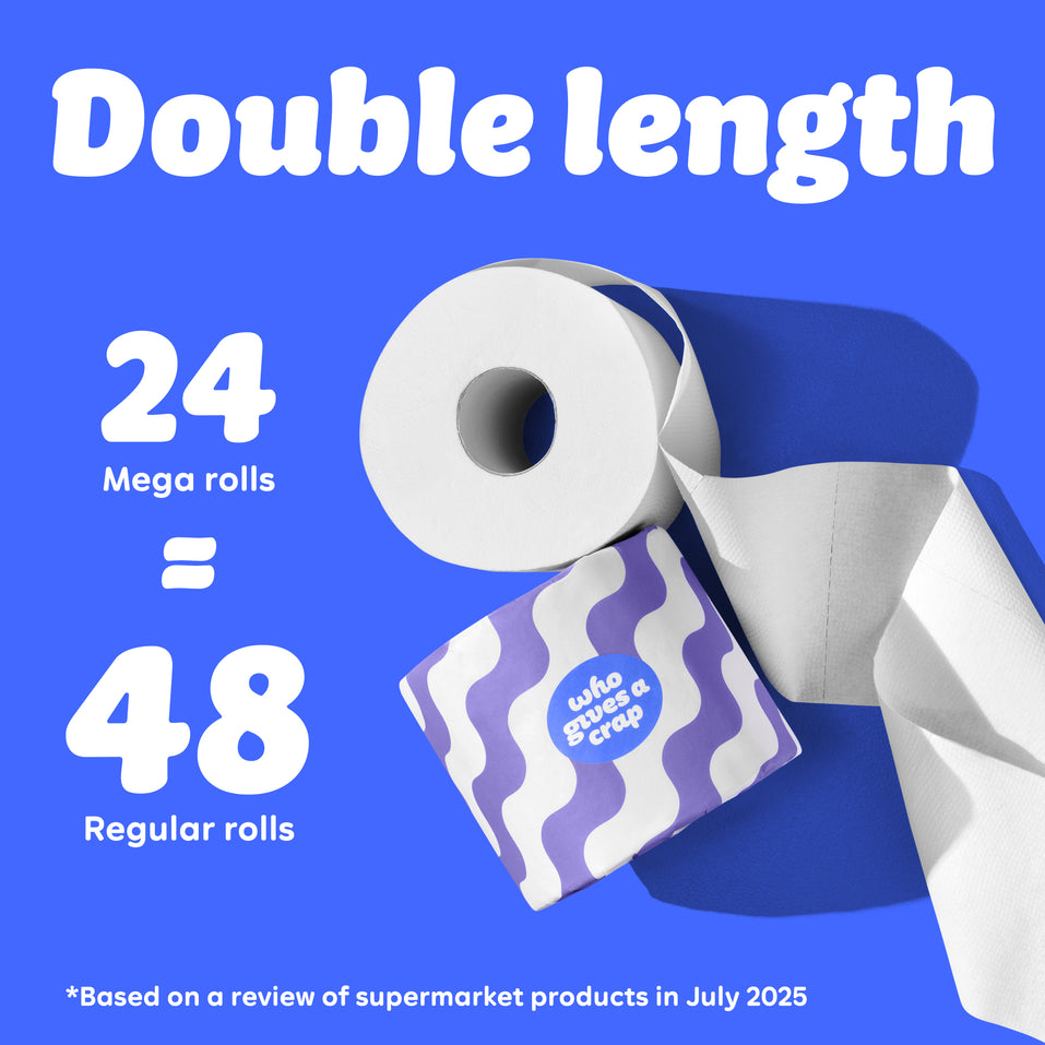 Graphic with blue background showing a toilet paper roll and purple wave Who Gives A Crap packaging. Text reads: “24 Double length rolls = 48 Regular Rolls.” Small text at the bottom says: “Based on a review of supermarket products in July 2025”
