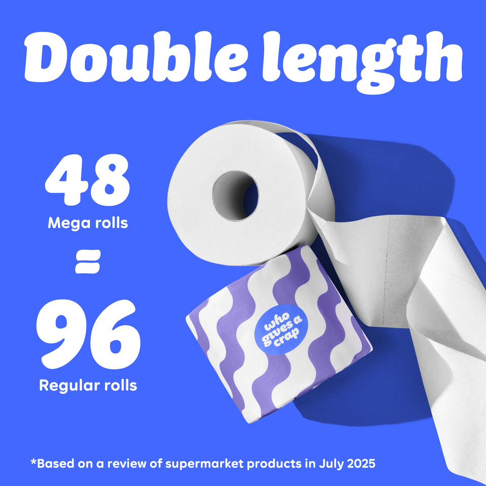 Graphic with blue background showing a toilet paper roll and purple wave Who Gives A Crap packaging. Text reads: “48 Double length rolls = 96 Regular Rolls.” Small text at the bottom says: “Based on a review of supermarket products in July 2025”
