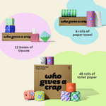 Visualisation of bundle inclusions calling out the bundle comes with 48 rolls of toilet paper, 6 rolls of paper towel and 12 boxes of tissues. 