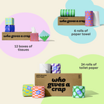 Visualisation of bundle inclusions calling out the bundle comes with 24 rolls of toilet paper, 6 rolls of paper towel and 12 boxes of tissues.