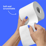 Woman holds handful of colourful Who Gives a Crap recycled toilet paper rolls. Copy over the image reads ‘Over 28,000 5 star reviews’.