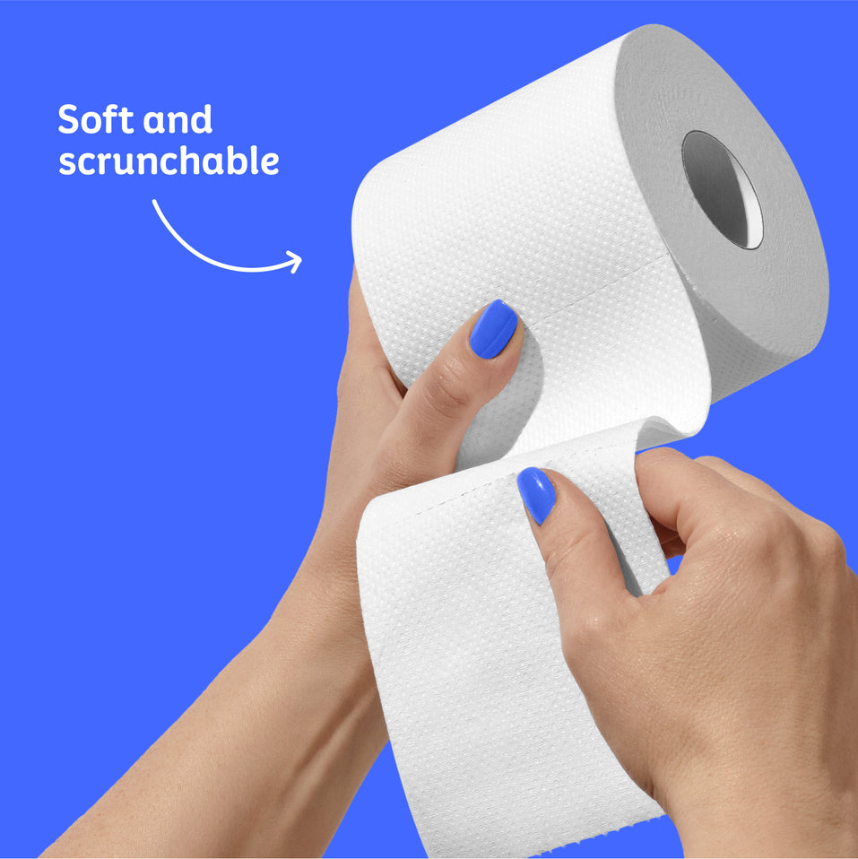 Woman holds handful of colourful Who Gives a Crap recycled toilet paper rolls. Copy over the image reads ‘Over 28,000 5 star reviews’.