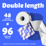 Graphic with blue background showing a toilet paper roll and purple wave Who Gives A Crap packaging. Text reads: “48 Double length rolls = 96 Regular Rolls.” Small text at the bottom says: “Based on a review of supermarket products in July 2025”